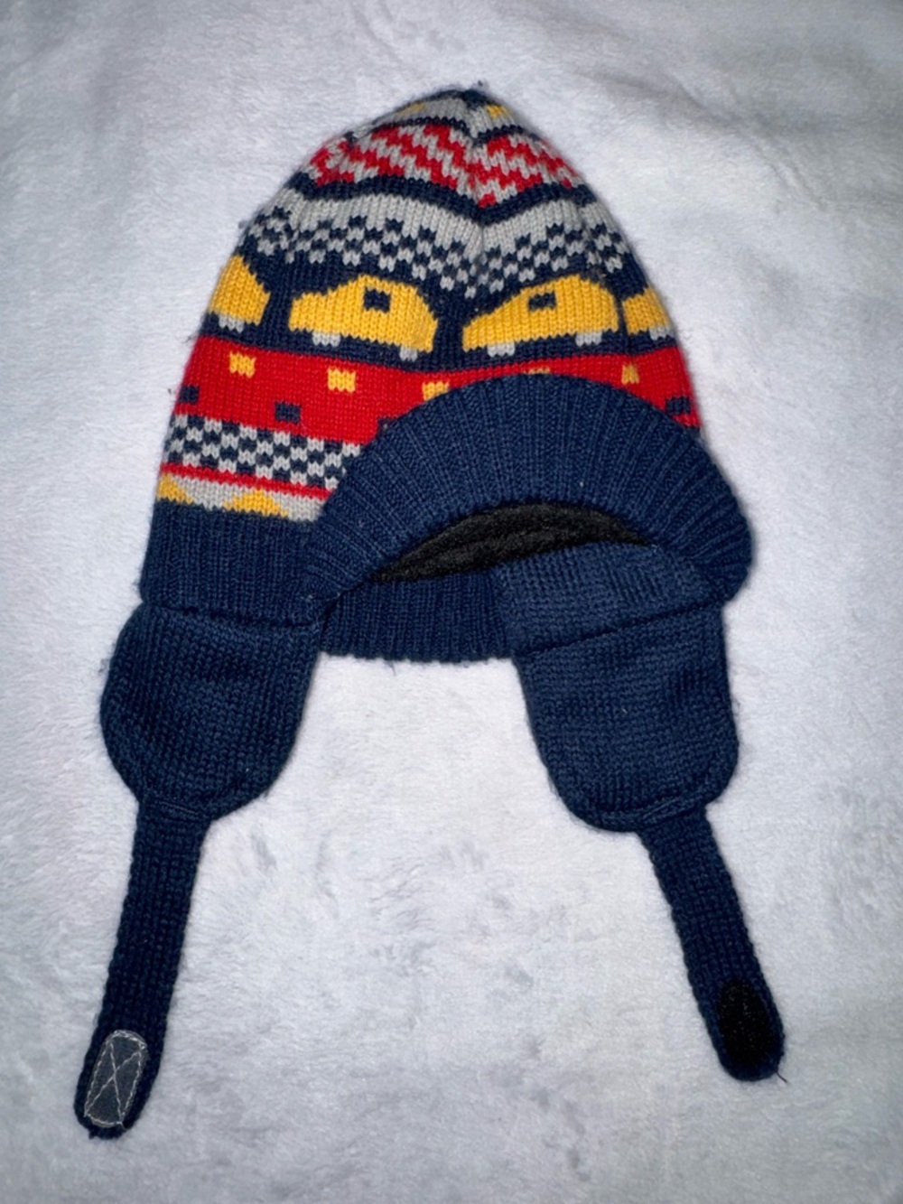 Navy Knit Earflap hard bill Beanie with Yellow & Red Pattern